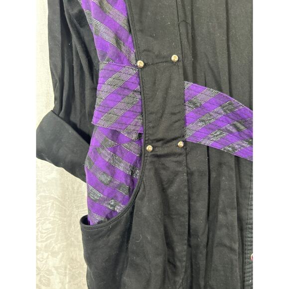 Coogi Shirt Dress 2X Black Purple Silver Belted Studded Logo Smocked Waist Y2K - Picture 3 of 16